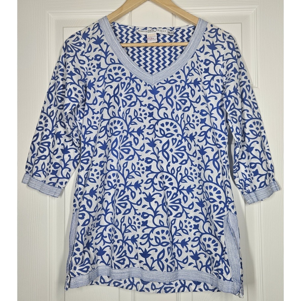 Gretchen Scott Tunic V-Neck 3/4 Sleeve Floral Blue & White S 100% Cotton Boho‎
